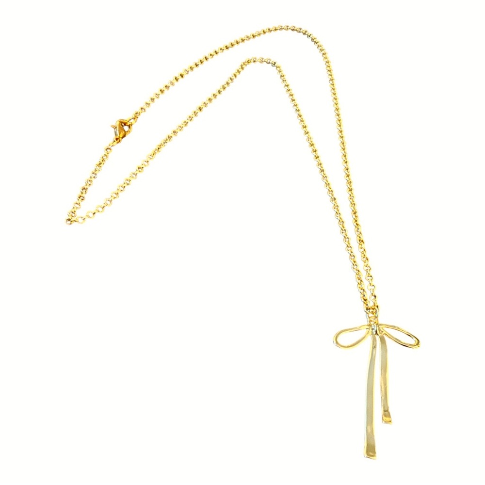 Dainty Minimalist Gold Ribbon Bow Pendant‎ Necklace, 22” Long, Handmade